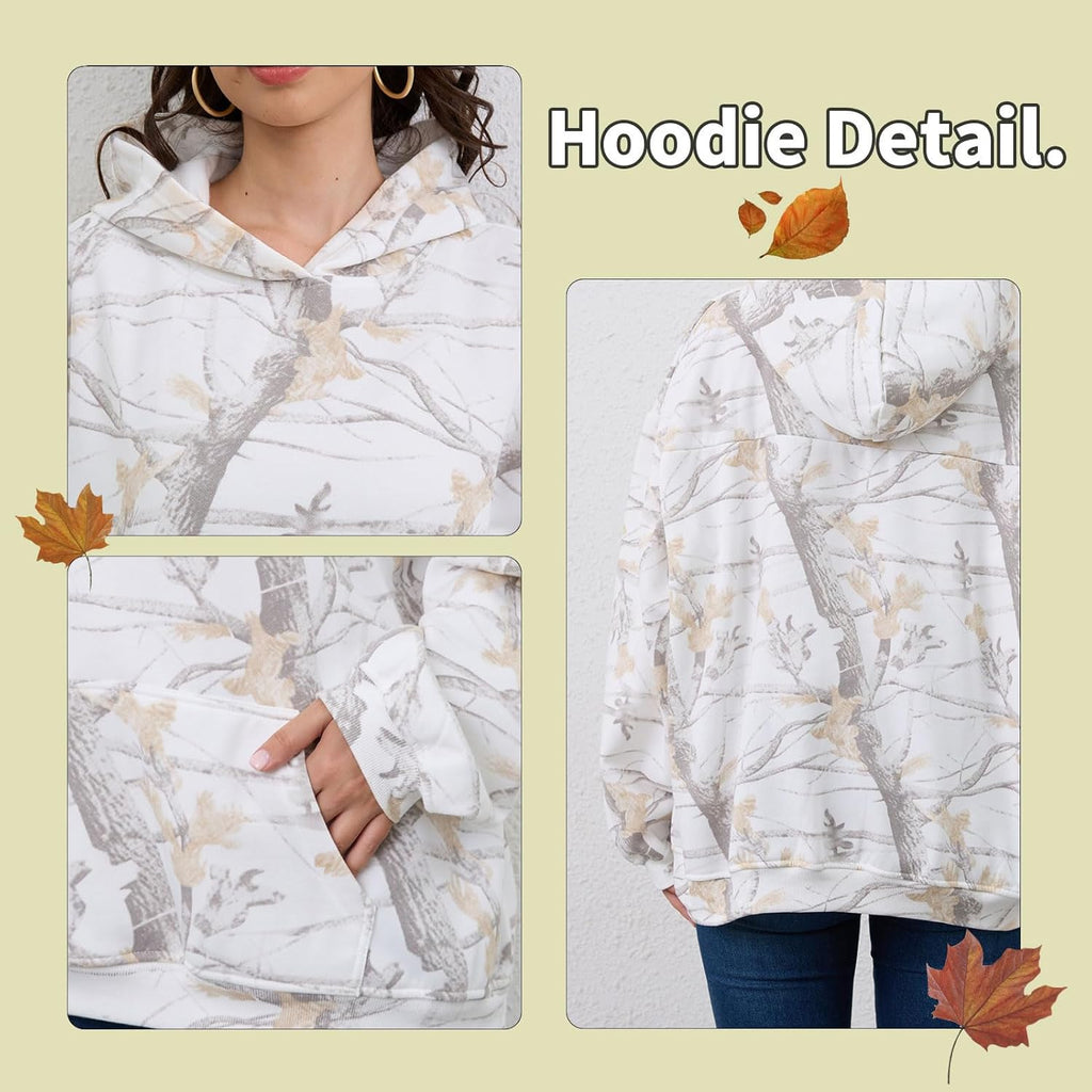 Womens Camo Hoodies Maple Leaf Print Oversized Hooded Sweatshirt Fleece Pullover Sweatshirts Long Sleeve with Pocket