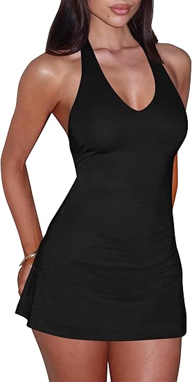 Women's Sexy Bodycon A-line Halter Deep V Backless Club Party Mini Dress