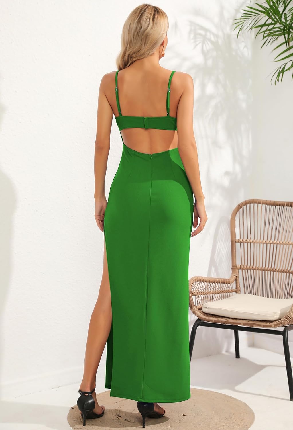 Women's Sexy Backless Spaghetti Straps Square Neck Maxi Dress Thigh High Slit Bodycon Cocktail Party Dress 211