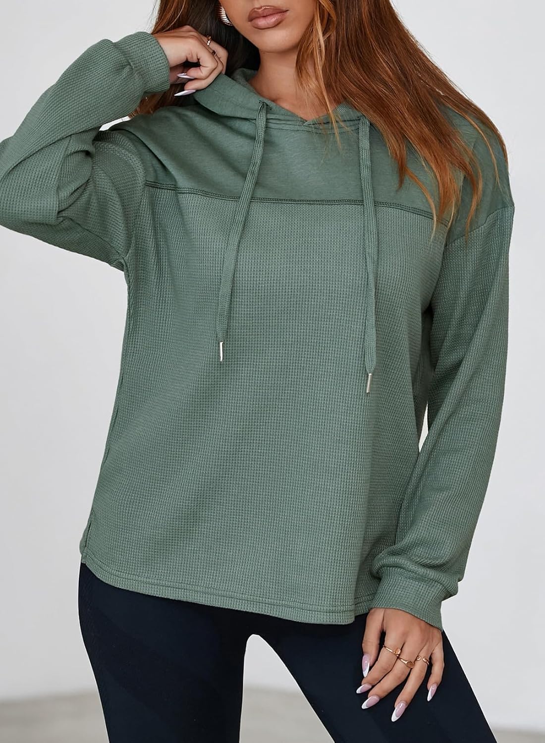 Womens Hoodies Casual Waffle Knit Long Sleeve Drawstring Pullover Sweatshirts Lightweight Hooded Tops