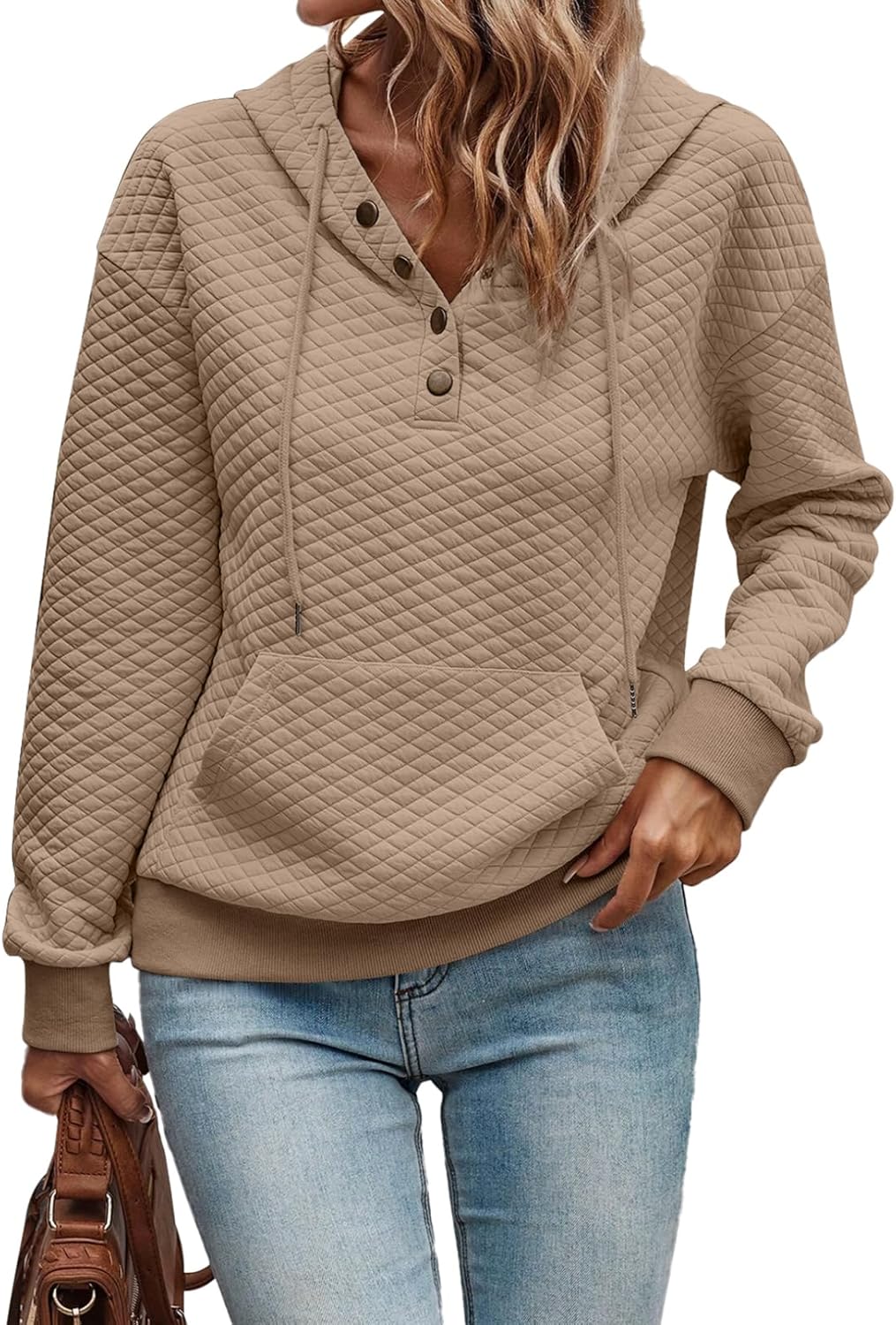 Women's Hoodies Casual Long Sleeve Quilted Half Button Drop Shoulder Pullover Tops Loose Drawstring Hooded Sweatshirt