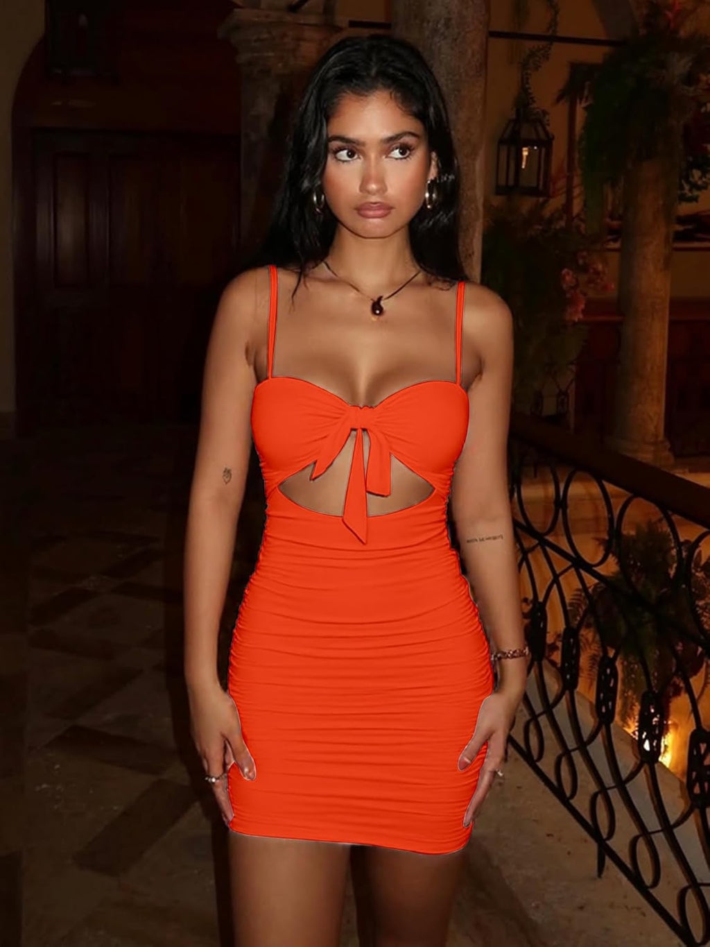 Women's Sexy Bodycon Cut Out Ruched Backless Spaghetti Strap Mini Club Party Dresses