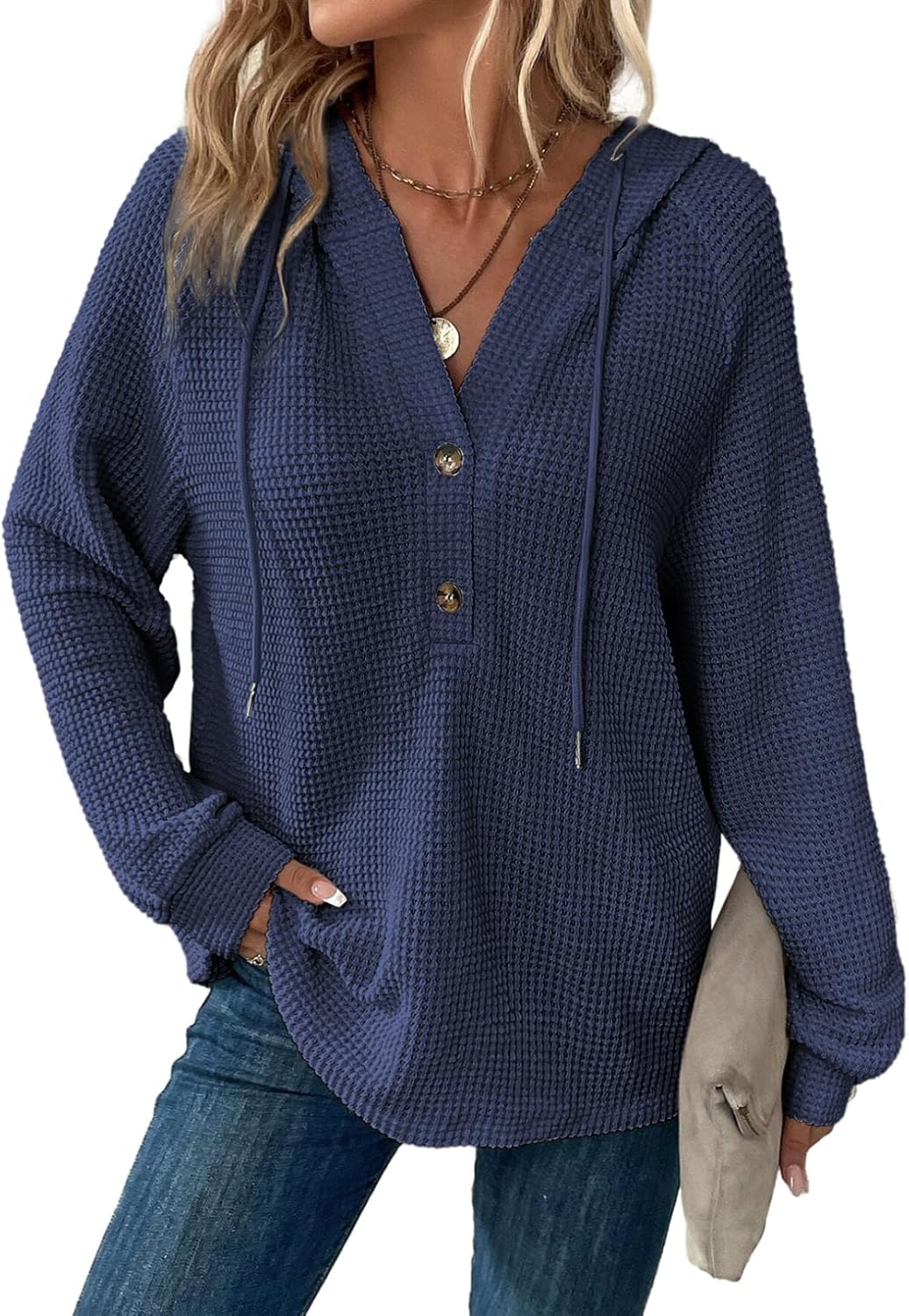 Hoodies for Women Waffle Knit Long Sleeve Drawstring Button V Neck Casual Pullover Sweatshirt Hooded Tops