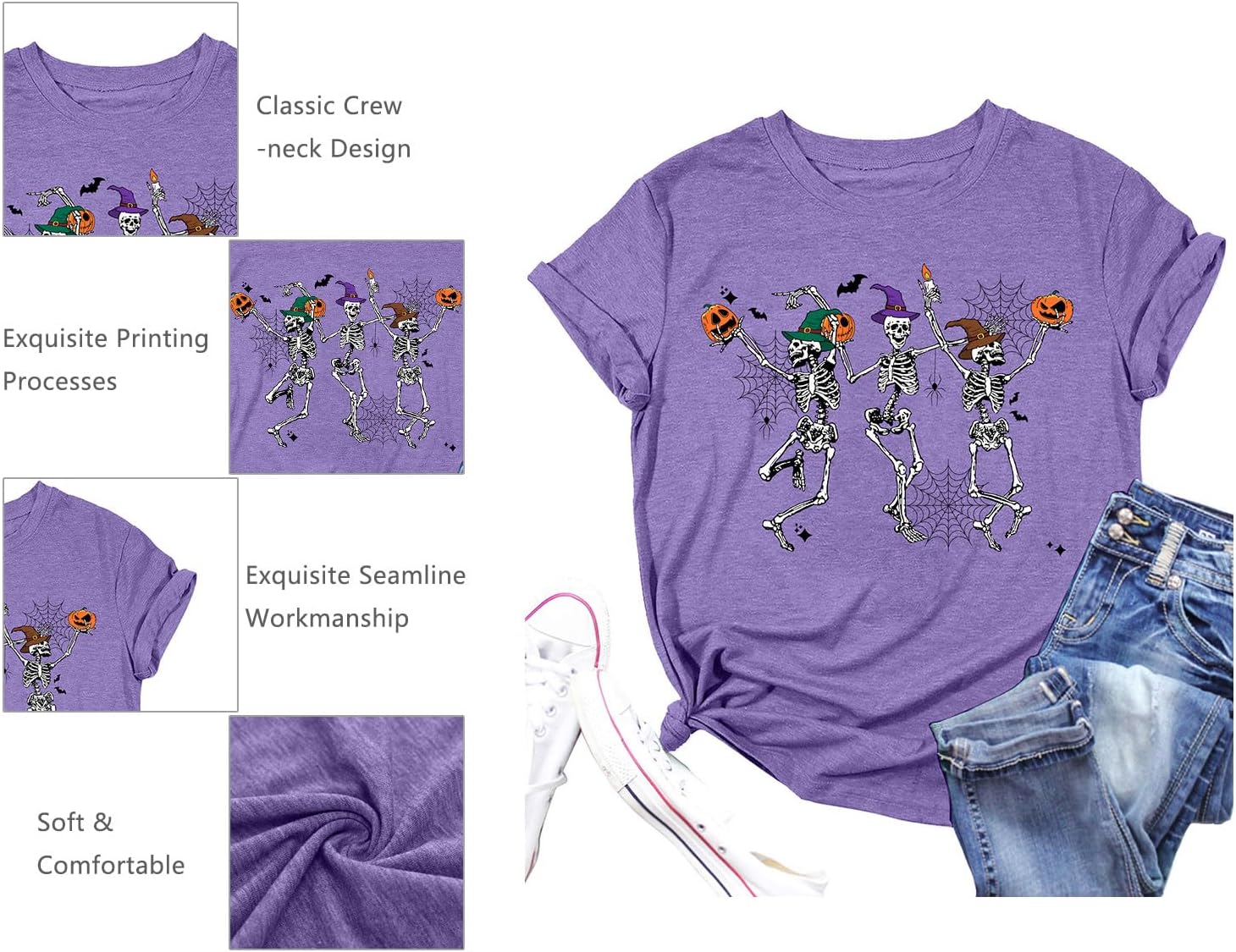 Dancing Skeleton Shirt for Women Happy Halloween T-Shirt Funny Skeleton Graphic Tees Tops Blouse Gift