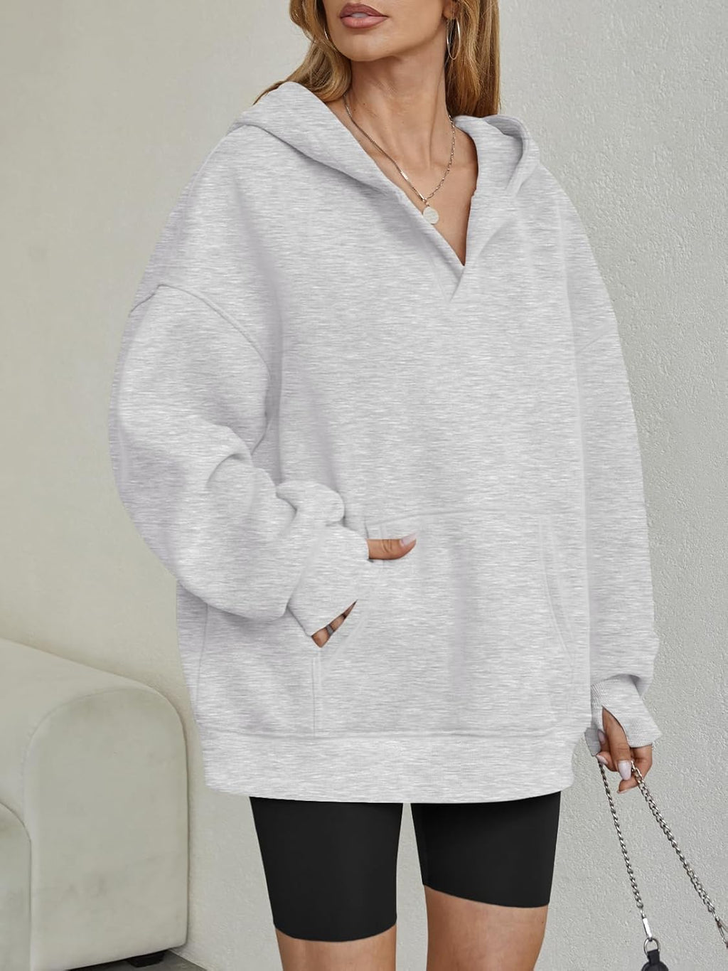 Womens Oversized V Neck Hoodies with Thumb Hole Pullover Sweatshirts Y2k Clothes Fall Fashion Outfits 2025