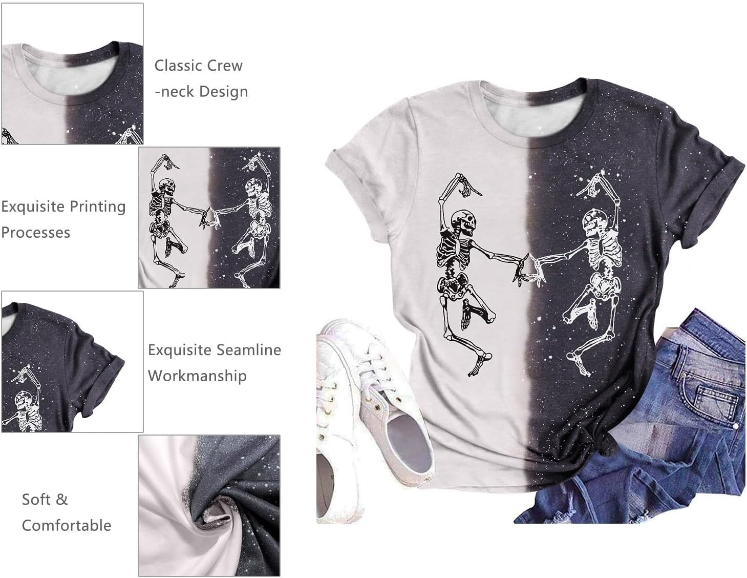 Dancing Skeleton Shirt for Women Happy Halloween T-Shirt Funny Skeleton Graphic Tees Tops Blouse Gift