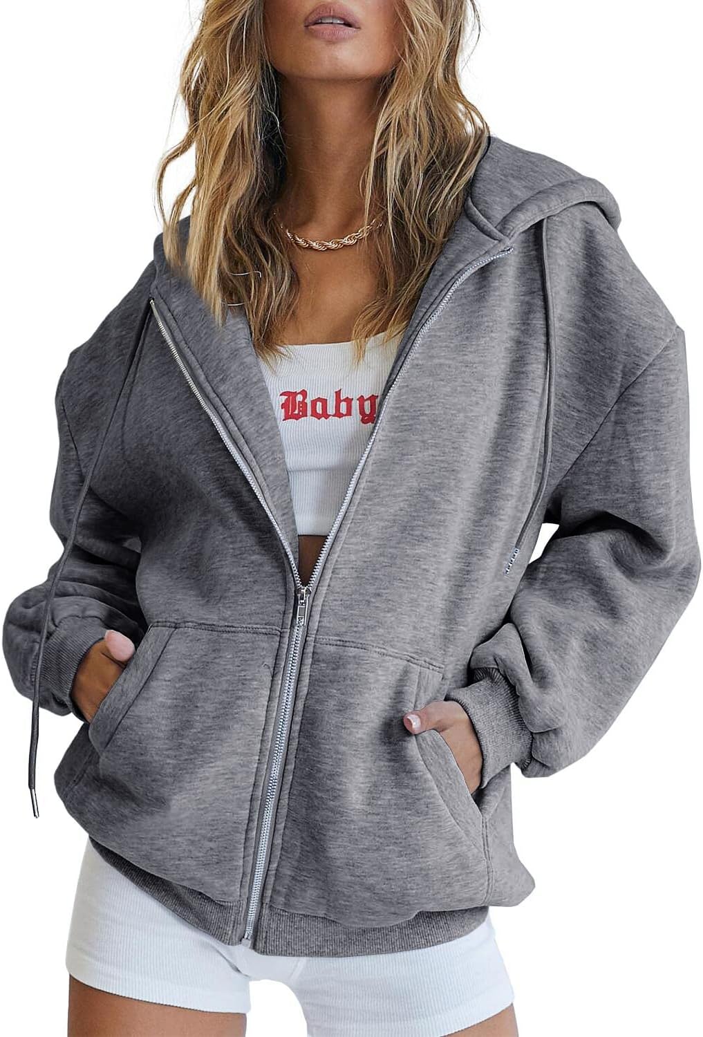 Women's Drawstring Zip Up Cute Hoodies Fall Jacket Oversized Casual Sweatshirts with Pocket