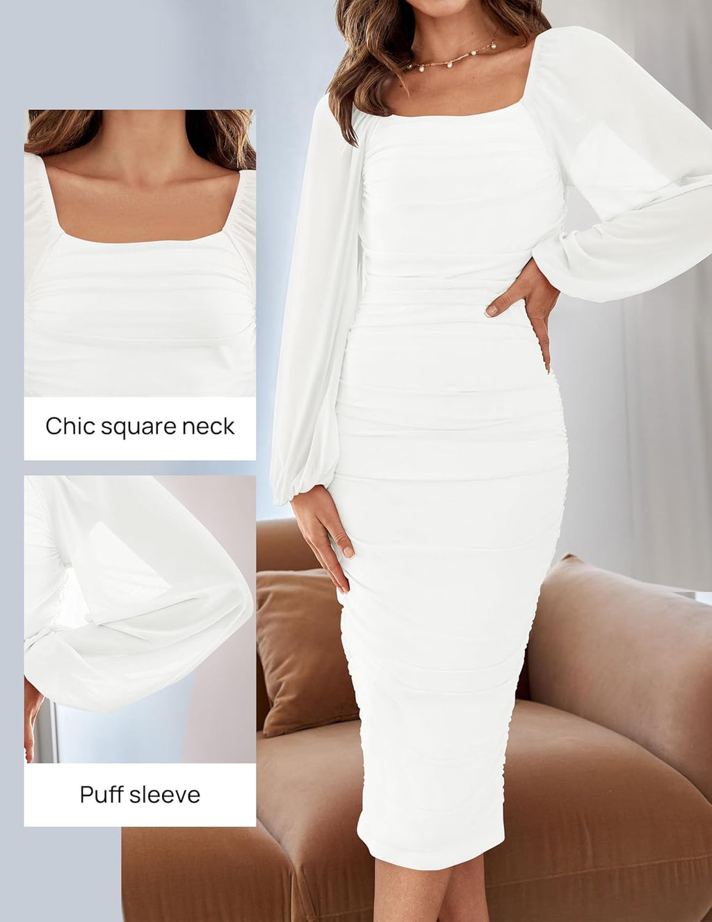 Women's Sexy Ruched Bodycon Midi Dress Long Puff Sleeve Square Neck Backless Cocktail Party Wedding Dresses
