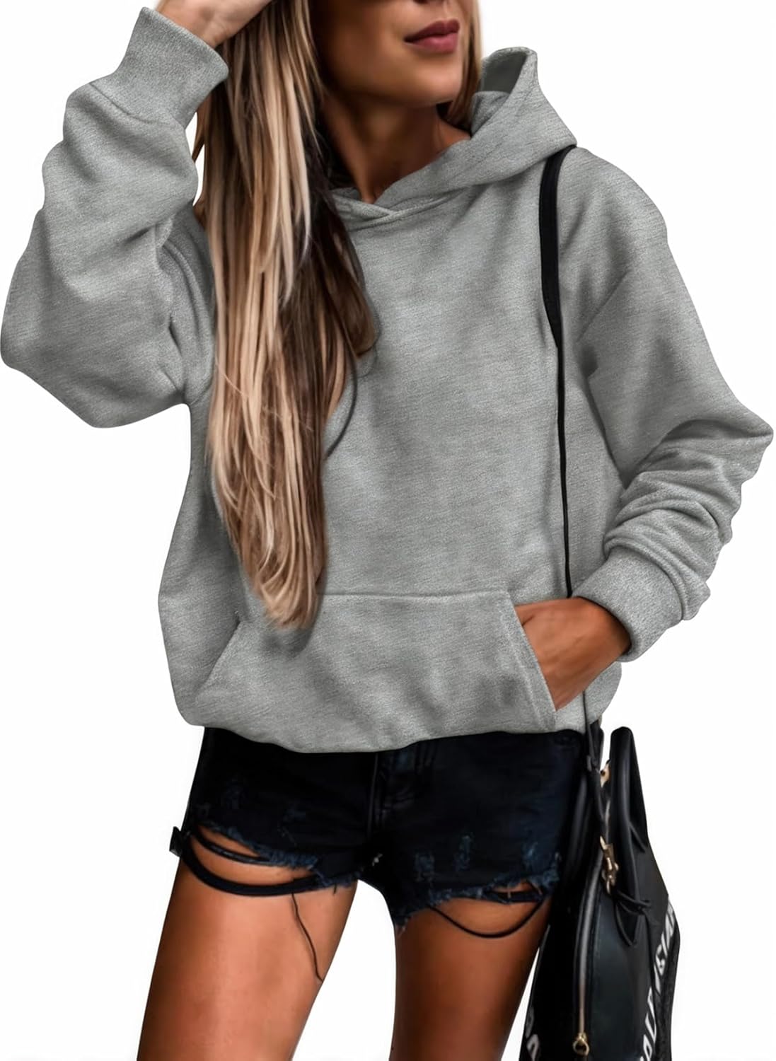 Women's Casual Hoodies Long Sleeve Solid Lightweight Pullover Tops Loose Sweatshirt with Pocket