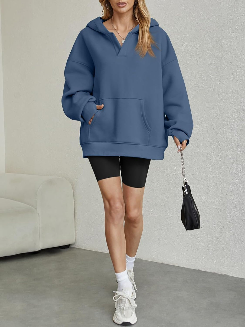 Womens Oversized V Neck Hoodies with Thumb Hole Pullover Sweatshirts Y2k Clothes Fall Fashion Outfits 2025