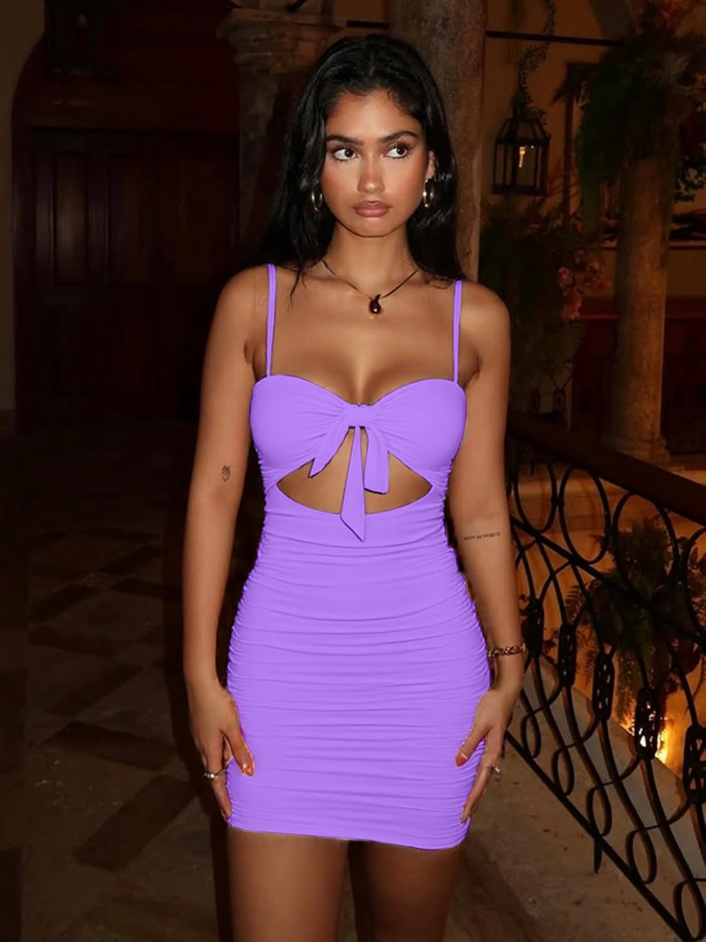 Women's Sexy Bodycon Cut Out Ruched Backless Spaghetti Strap Mini Club Party Dresses
