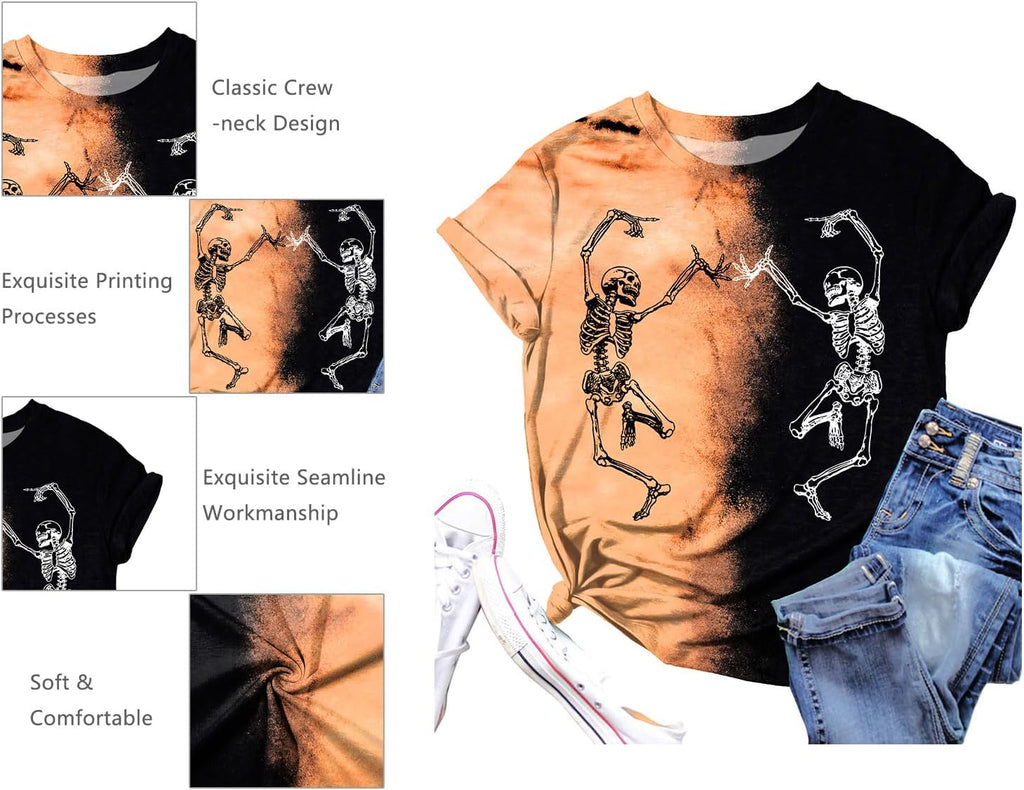 Dancing Skeleton Shirt for Women Happy Halloween T-Shirt Funny Skeleton Graphic Tees Tops Blouse Gift