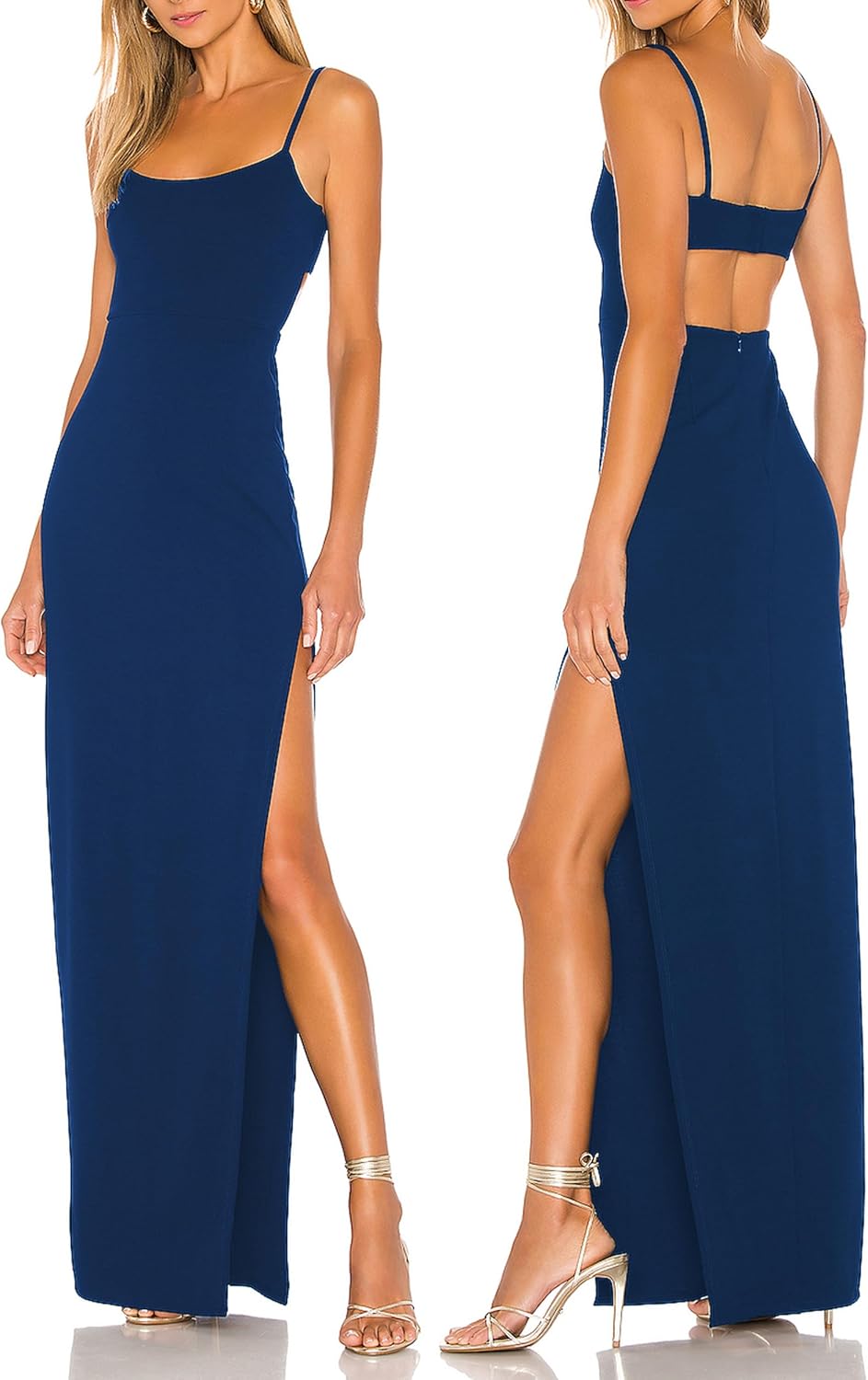 Women's Sexy Backless Spaghetti Straps Square Neck Maxi Dress Thigh High Slit Bodycon Cocktail Party Dress 211