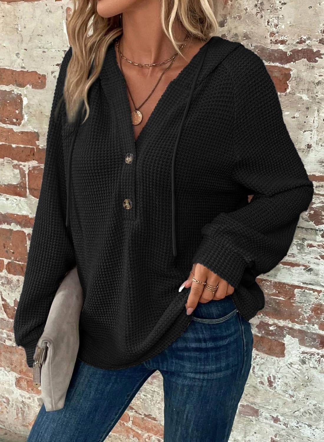 Hoodies for Women Waffle Knit Long Sleeve Drawstring Button V Neck Casual Pullover Sweatshirt Hooded Tops