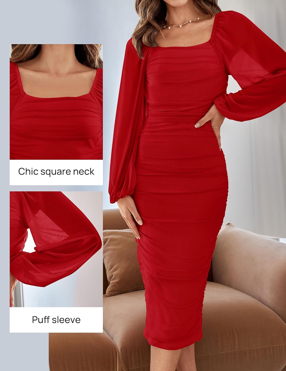 Women's Sexy Ruched Bodycon Midi Dress Long Puff Sleeve Square Neck Backless Cocktail Party Wedding Dresses