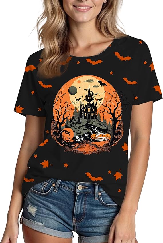Halloween Shirts for Women: Castle Pumpkin Pattern Halloween Party Short Sleeve Costumes Crewneck T-Shirt