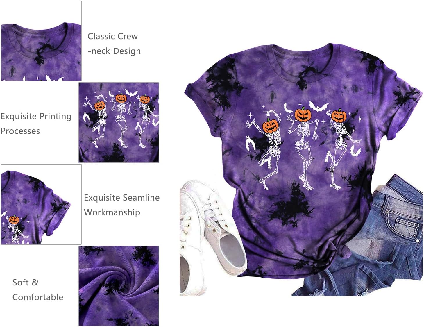 Dancing Skeleton Shirt for Women Happy Halloween T-Shirt Funny Skeleton Graphic Tees Tops Blouse Gift