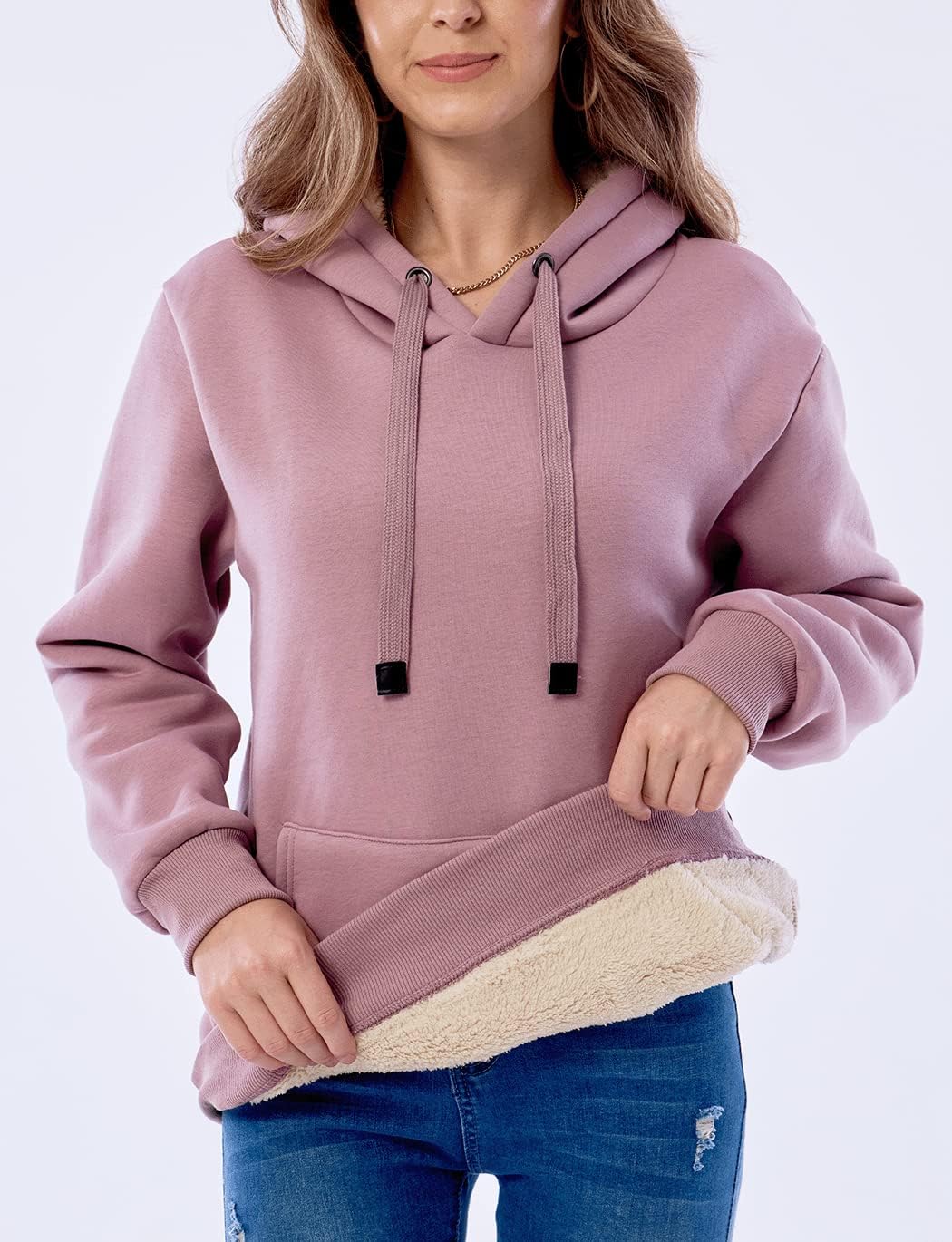 Womens Casual Winter Warm Fleece Sherpa Lined Pullover Hooded Sweatshirt