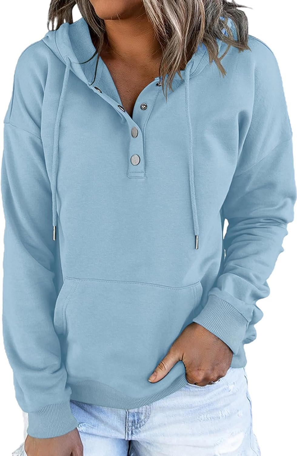 Womens 2025 Hoodies Button Collar Drawstring Hooded Pullover Sweatshirt Casual Long Sleeve Tops Shirts