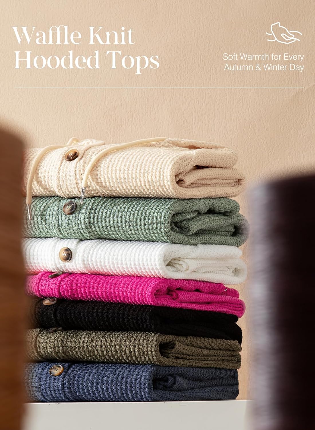 Hoodies for Women Waffle Knit Long Sleeve Drawstring Button V Neck Casual Pullover Sweatshirt Hooded Tops