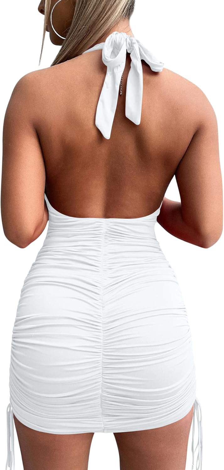 Women's Sexy Halter Bodycon V Neck Backless Ruched Drawstring Mini Club Party Dresses