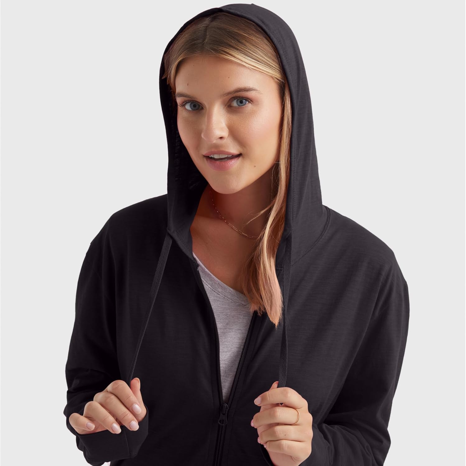 Women’s Slub Knit Full-Zip Hoodie, Textured Cotton Zip-Up T-Shirt Hoodie for Women