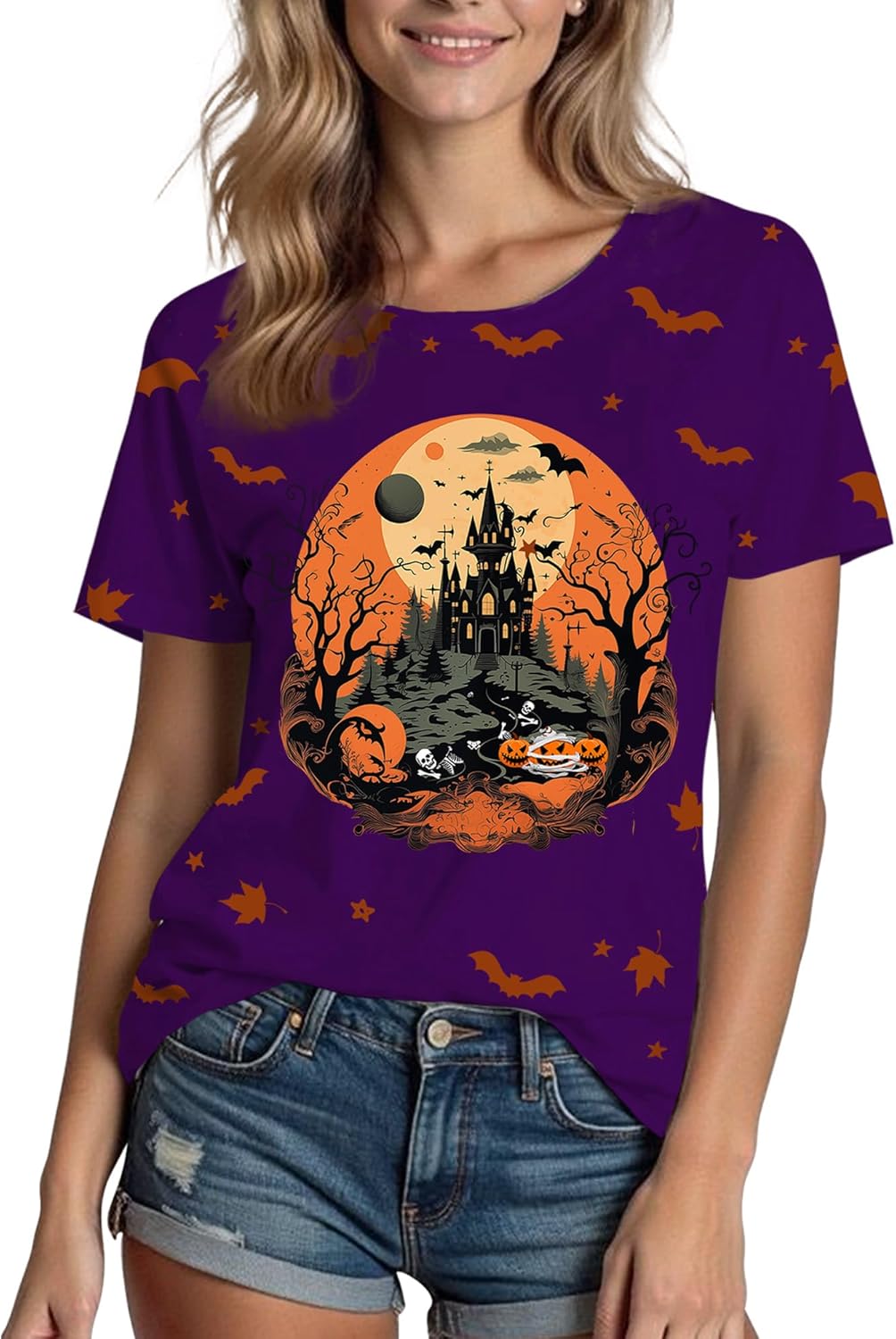Halloween Shirts for Women: Castle Pumpkin Pattern Halloween Party Short Sleeve Costumes Crewneck T-Shirt
