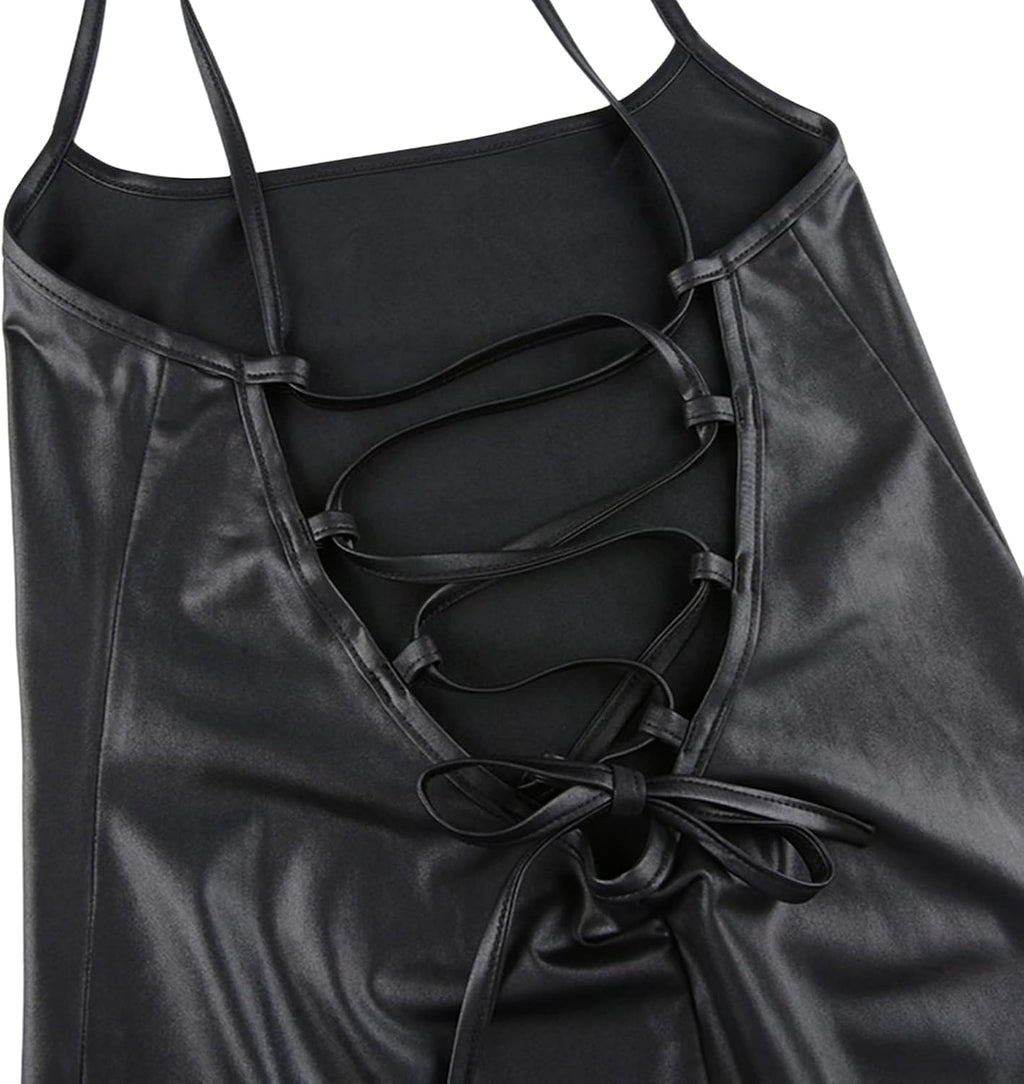 Women Faux Leather Dress Sleeveless Backless Bandage Bodycon Split Midi Dresses Party Cocktail