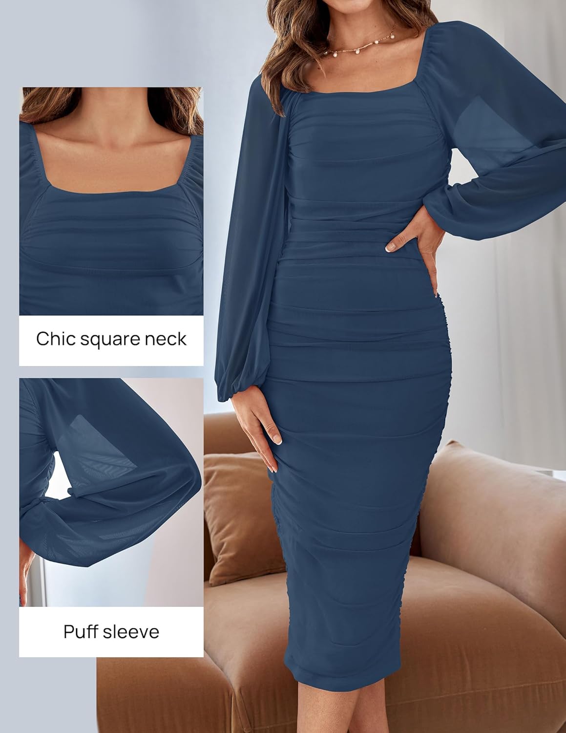 Women's Sexy Ruched Bodycon Midi Dress Long Puff Sleeve Square Neck Backless Cocktail Party Wedding Dresses