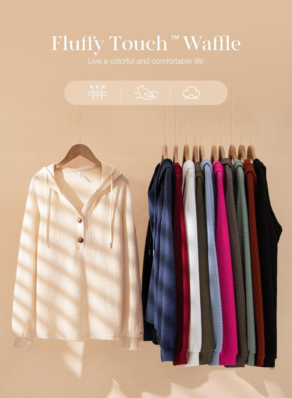 Hoodies for Women Waffle Knit Long Sleeve Drawstring Button V Neck Casual Pullover Sweatshirt Hooded Tops