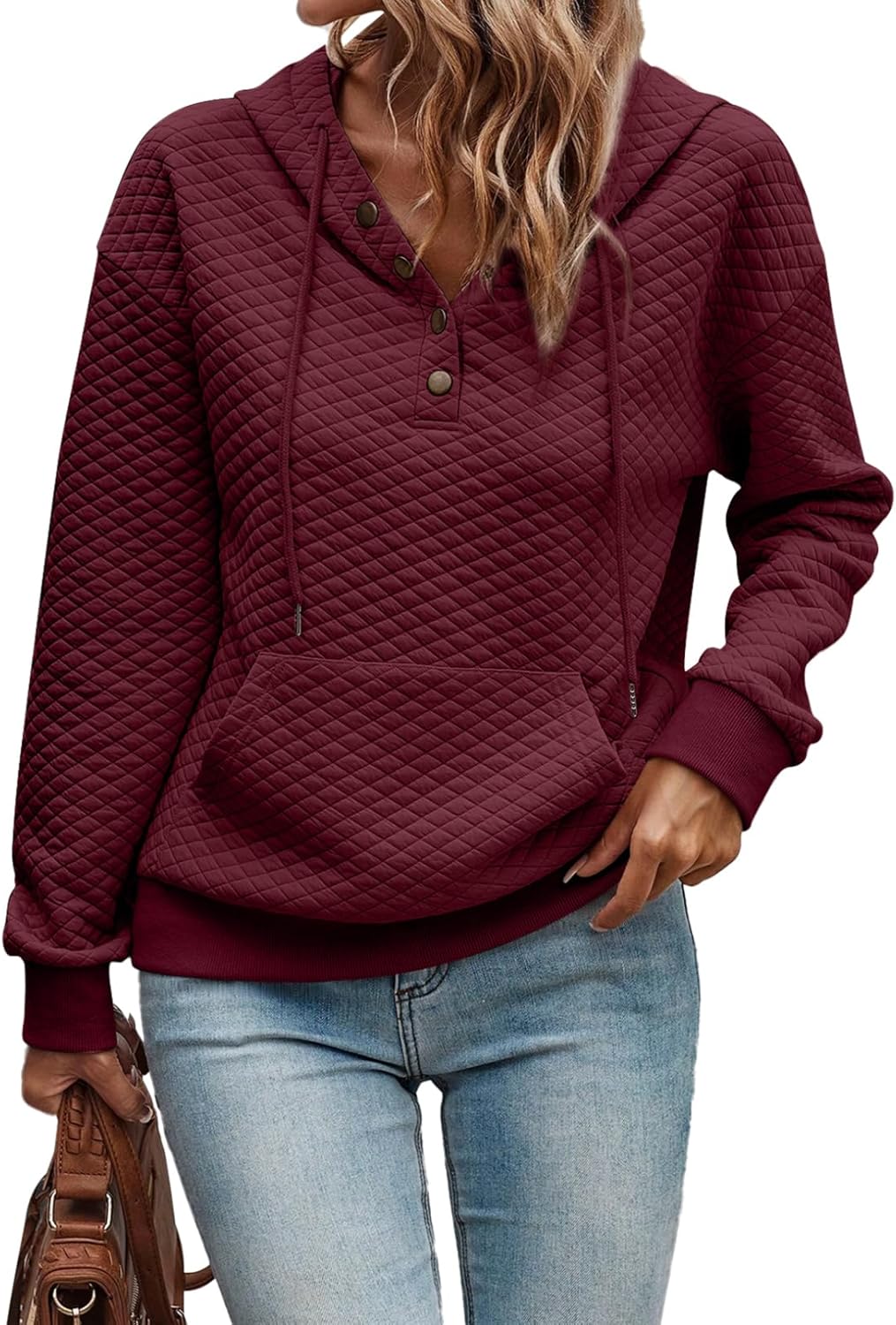Women's Hoodies Casual Long Sleeve Quilted Half Button Drop Shoulder Pullover Tops Loose Drawstring Hooded Sweatshirt