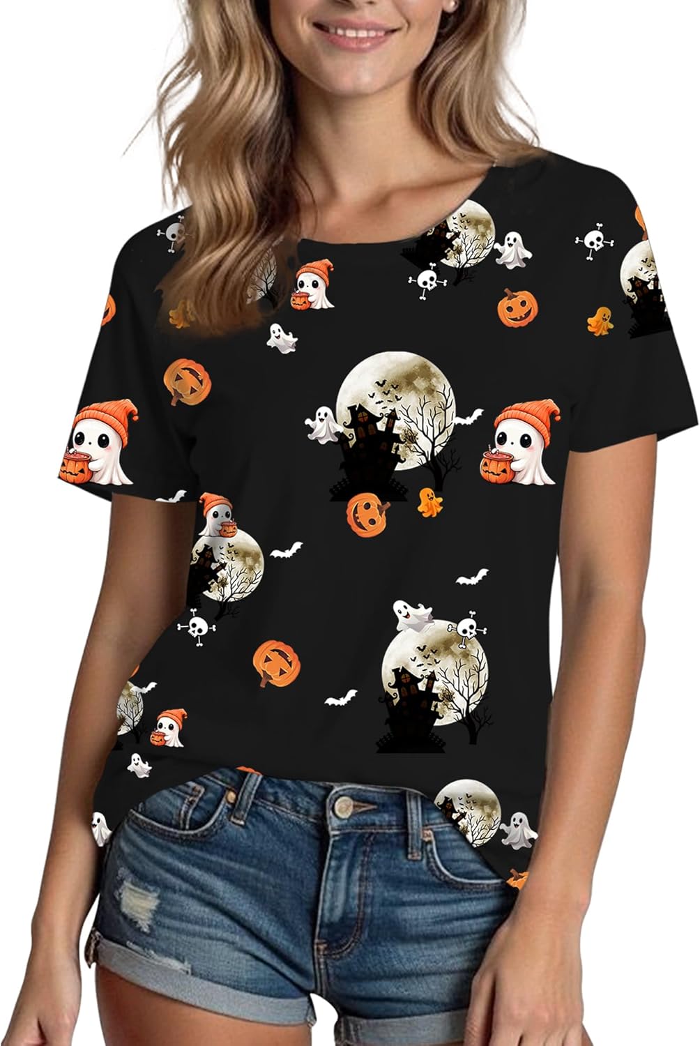 Halloween Shirts for Women: Castle Pumpkin Pattern Halloween Party Short Sleeve Costumes Crewneck T-Shirt