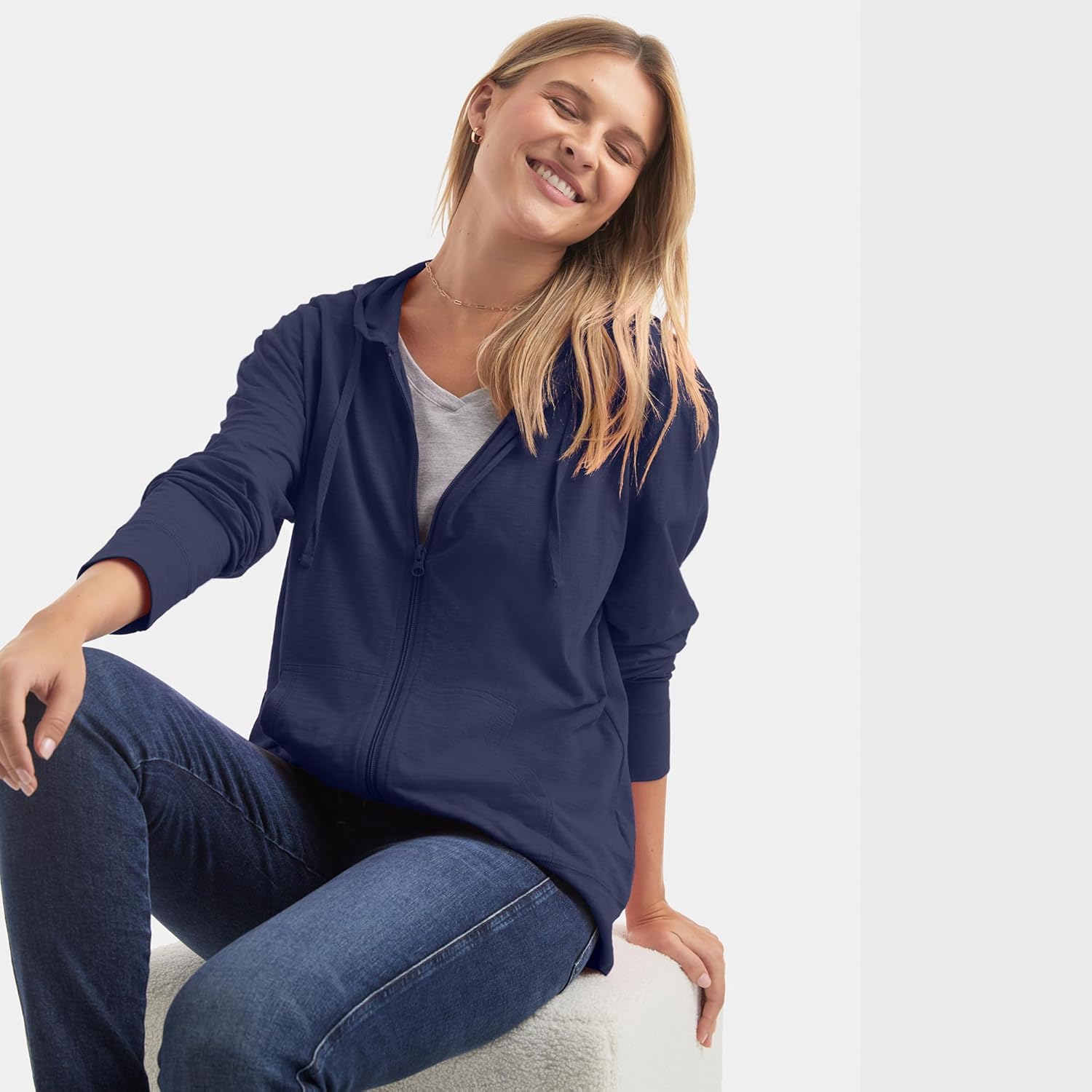 Women’s Slub Knit Full-Zip Hoodie, Textured Cotton Zip-Up T-Shirt Hoodie for Women