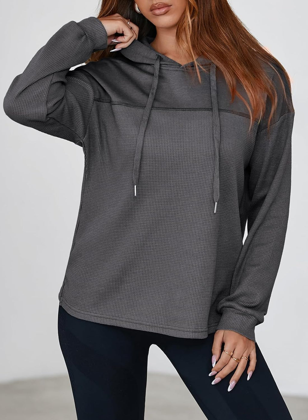 Womens Hoodies Casual Waffle Knit Long Sleeve Drawstring Pullover Sweatshirts Lightweight Hooded Tops