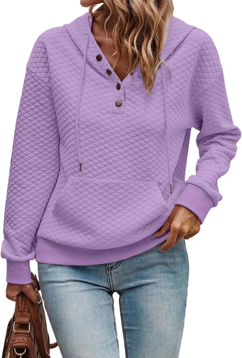 Women's Hoodies Casual Long Sleeve Quilted Half Button Drop Shoulder Pullover Tops Loose Drawstring Hooded Sweatshirt