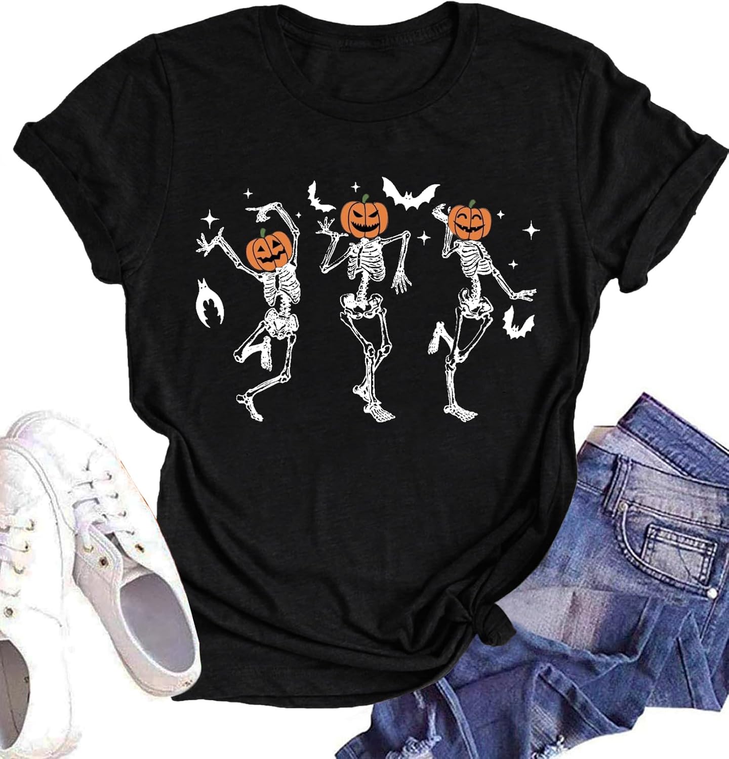 Dancing Skeleton Shirt for Women Happy Halloween T-Shirt Funny Skeleton Graphic Tees Tops Blouse Gift