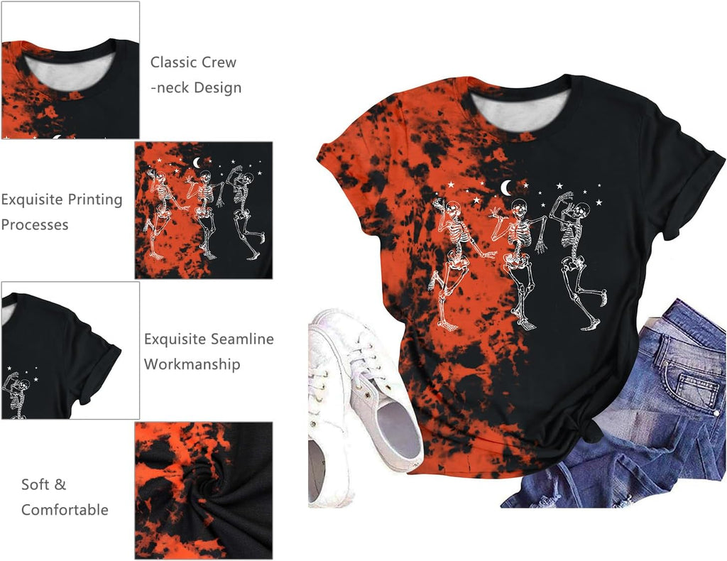Dancing Skeleton Shirt for Women Happy Halloween T-Shirt Funny Skeleton Graphic Tees Tops Blouse Gift