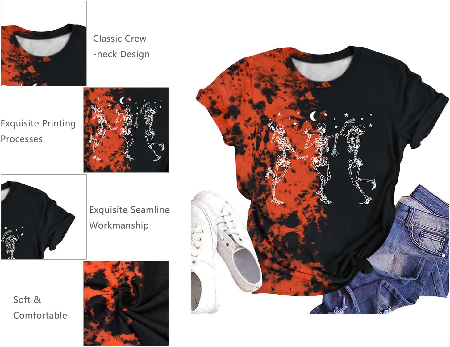 Dancing Skeleton Shirt for Women Happy Halloween T-Shirt Funny Skeleton Graphic Tees Tops Blouse Gift