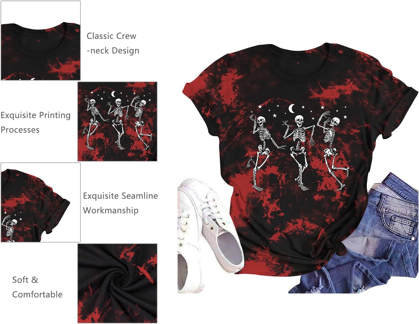 Dancing Skeleton Shirt for Women Happy Halloween T-Shirt Funny Skeleton Graphic Tees Tops Blouse Gift