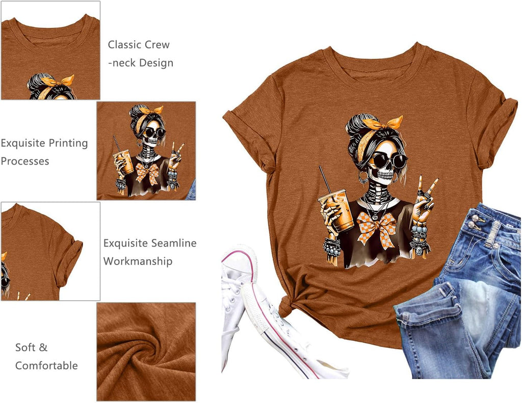 Dancing Skeleton Shirt for Women Happy Halloween T-Shirt Funny Skeleton Graphic Tees Tops Blouse Gift