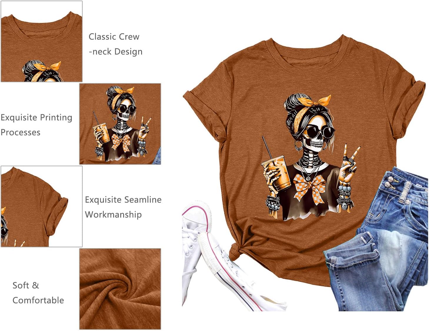 Dancing Skeleton Shirt for Women Happy Halloween T-Shirt Funny Skeleton Graphic Tees Tops Blouse Gift