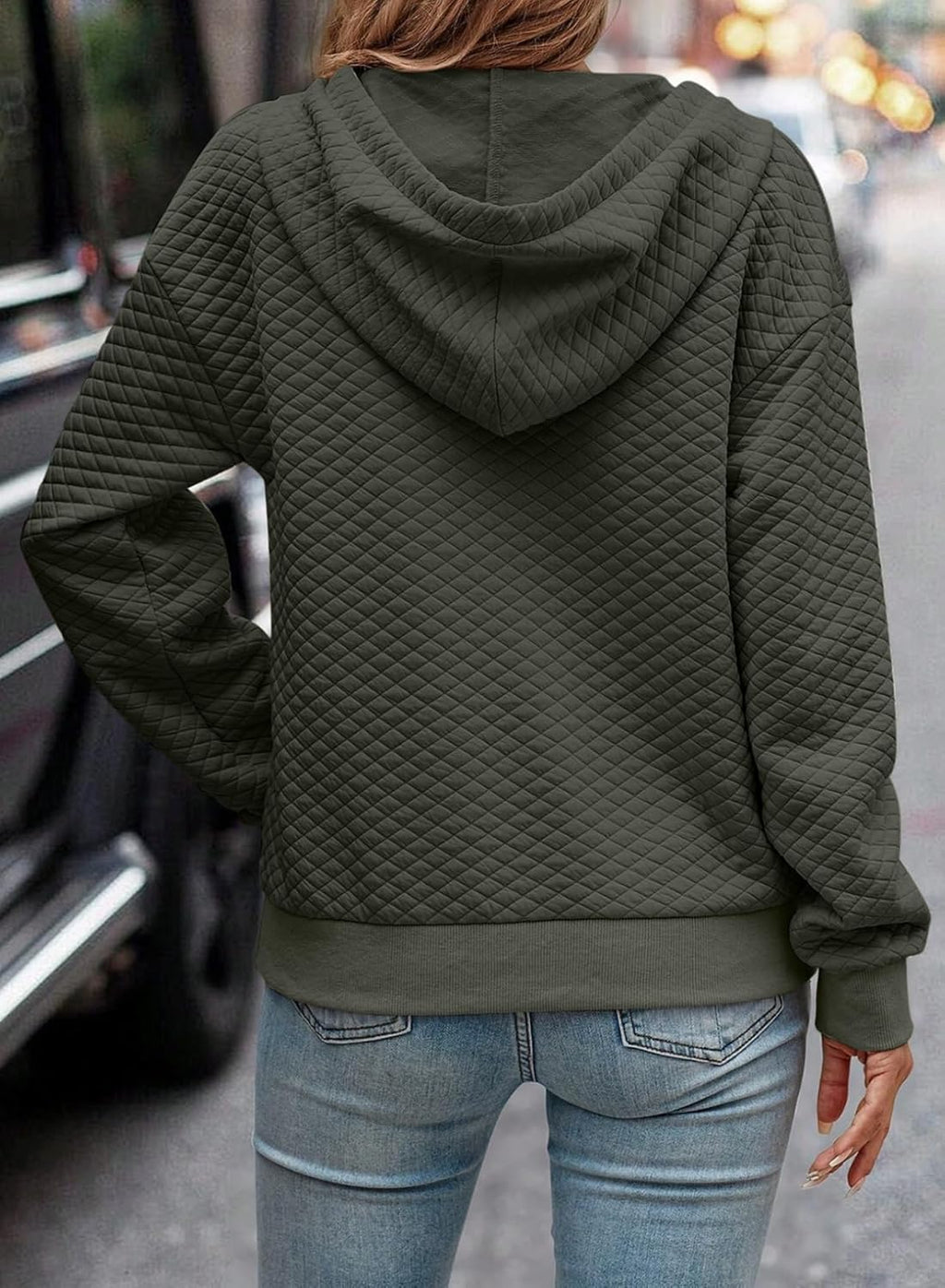 Women's Hoodies Casual Long Sleeve Quilted Half Button Drop Shoulder Pullover Tops Loose Drawstring Hooded Sweatshirt