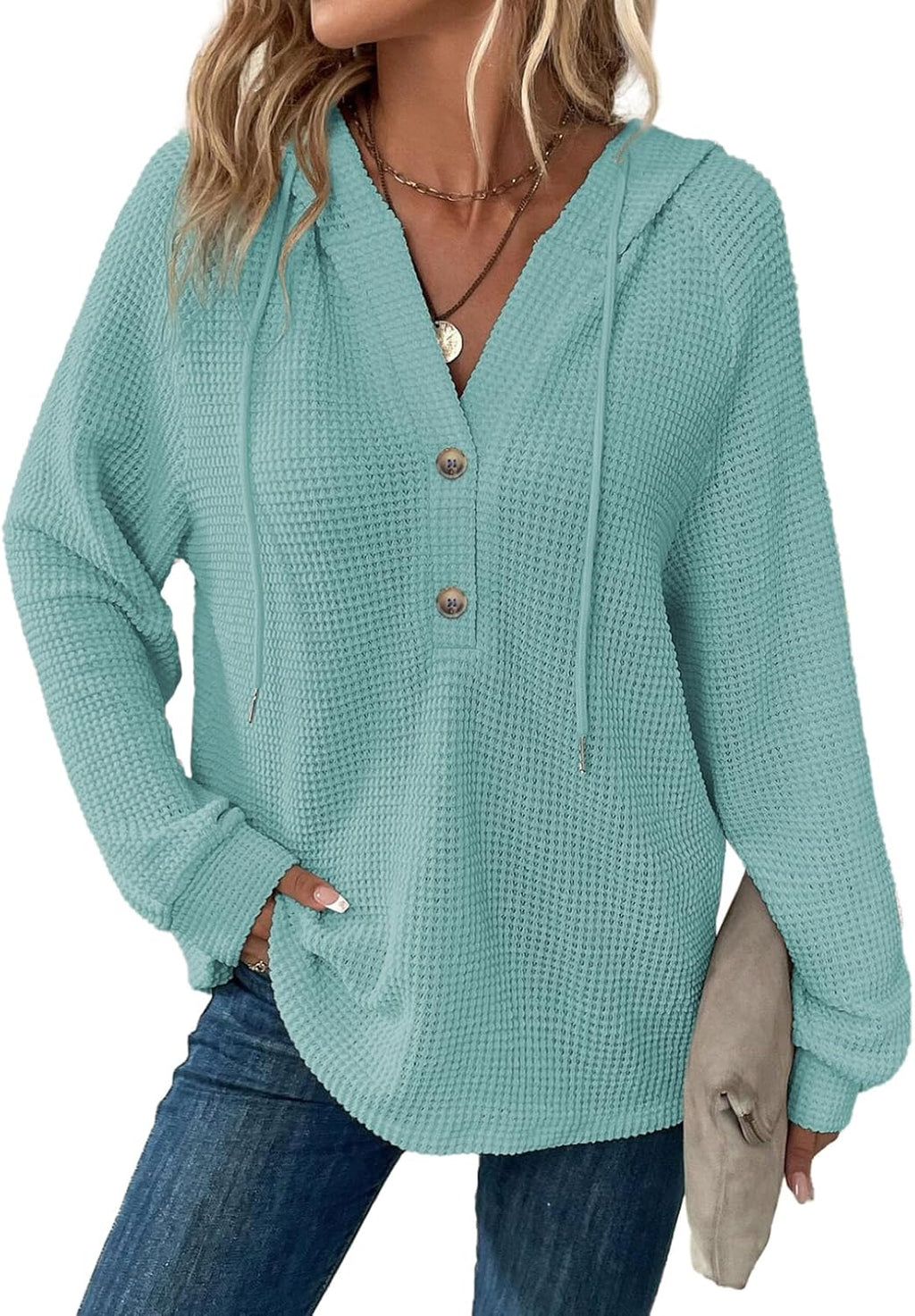 Hoodies for Women Waffle Knit Long Sleeve Drawstring Button V Neck Casual Pullover Sweatshirt Hooded Tops