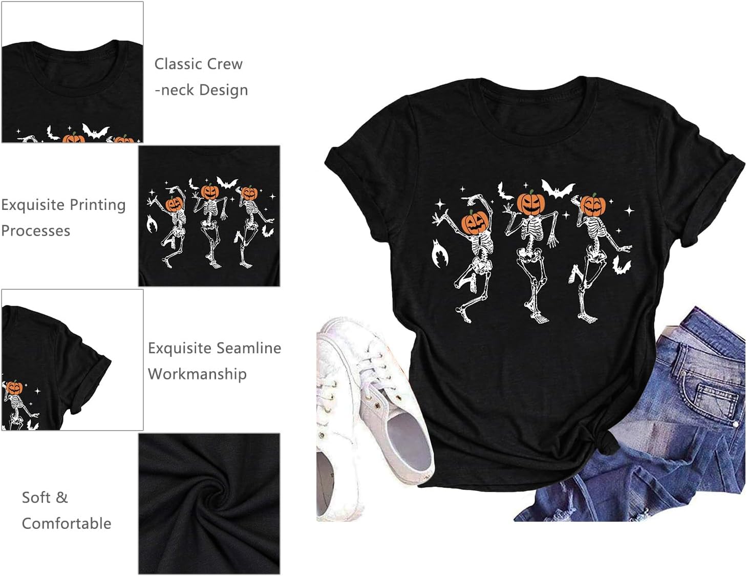 Dancing Skeleton Shirt for Women Happy Halloween T-Shirt Funny Skeleton Graphic Tees Tops Blouse Gift