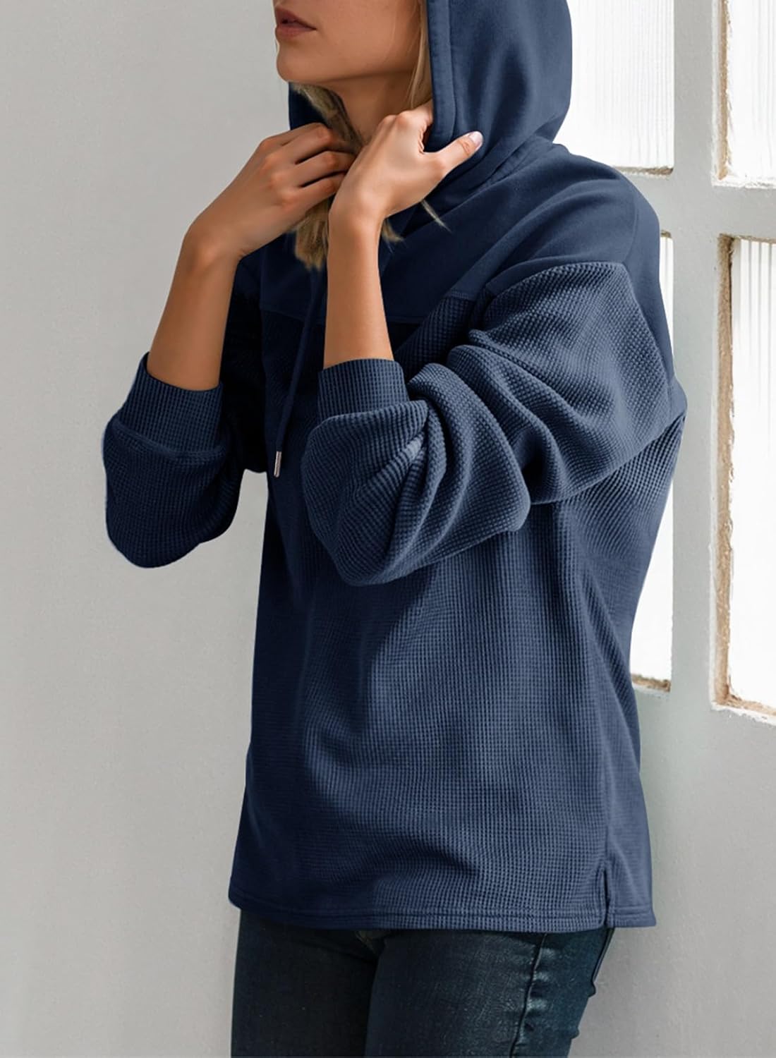 Womens Hoodies Casual Waffle Knit Long Sleeve Drawstring Pullover Sweatshirts Lightweight Hooded Tops