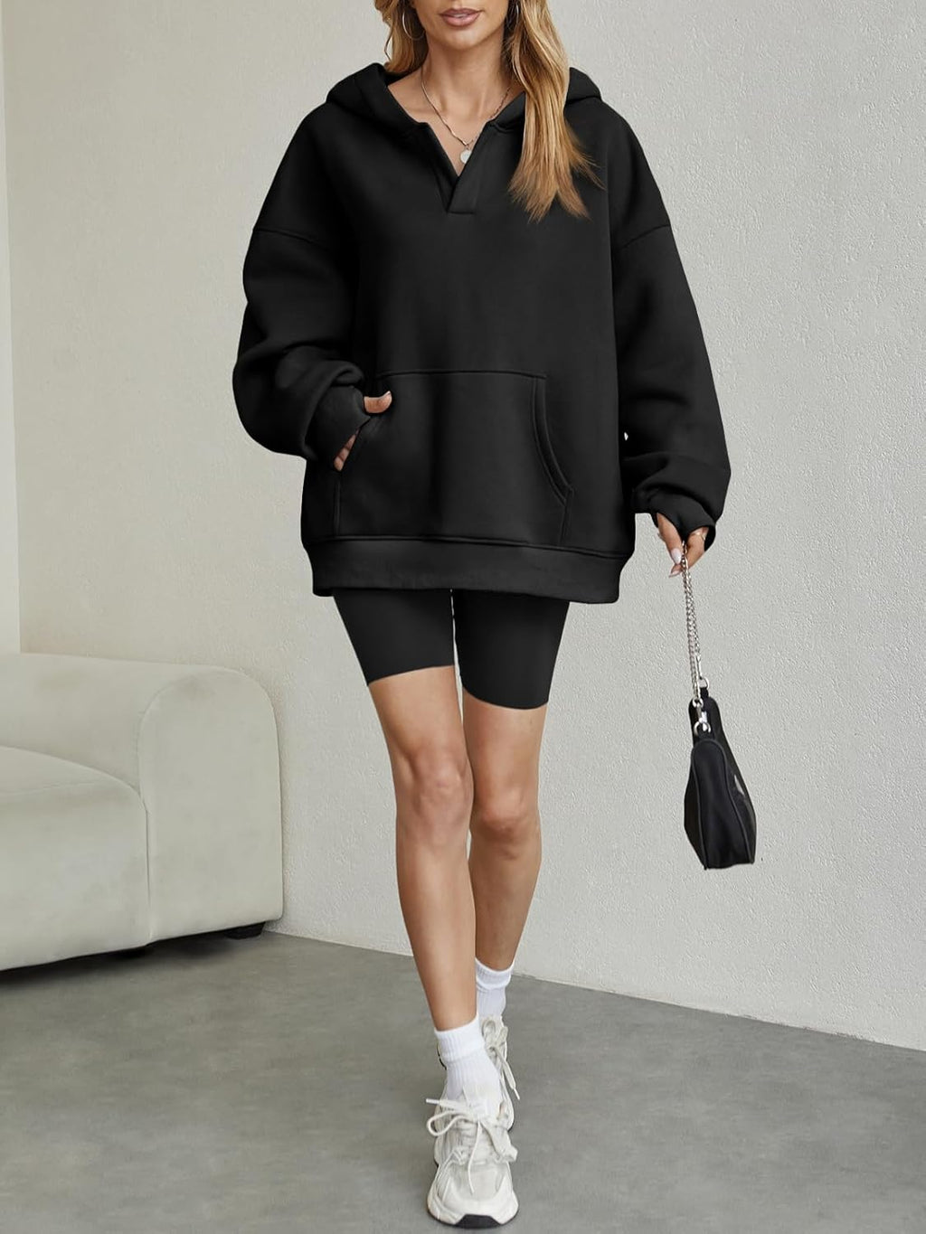 Womens Oversized V Neck Hoodies with Thumb Hole Pullover Sweatshirts Y2k Clothes Fall Fashion Outfits 2025