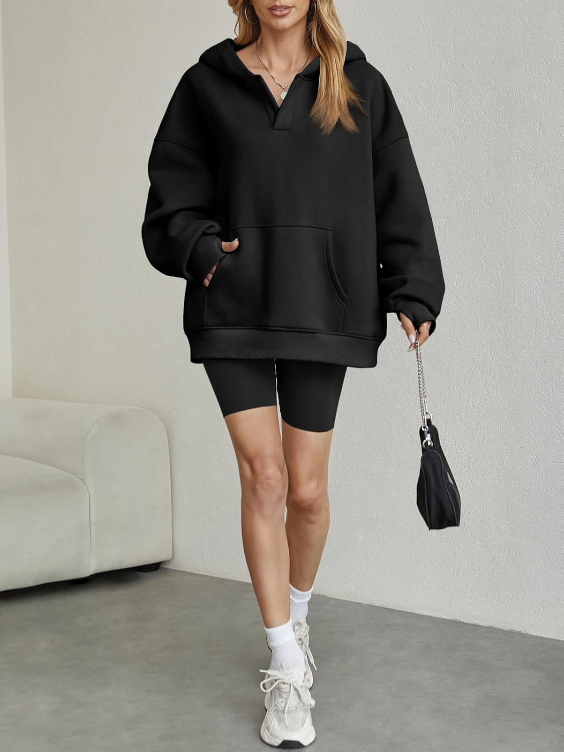 Womens Oversized V Neck Hoodies with Thumb Hole Pullover Sweatshirts Y2k Clothes Fall Fashion Outfits 2025