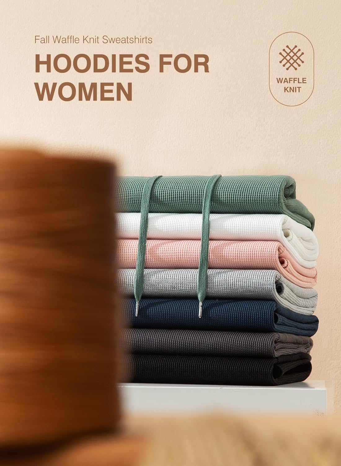 Womens Hoodies Casual Waffle Knit Long Sleeve Drawstring Pullover Sweatshirts Lightweight Hooded Tops