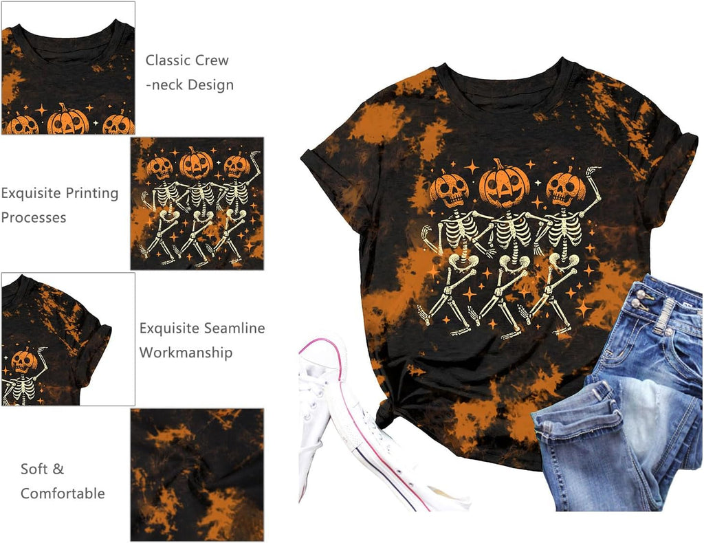 Dancing Skeleton Shirt for Women Happy Halloween T-Shirt Funny Skeleton Graphic Tees Tops Blouse Gift