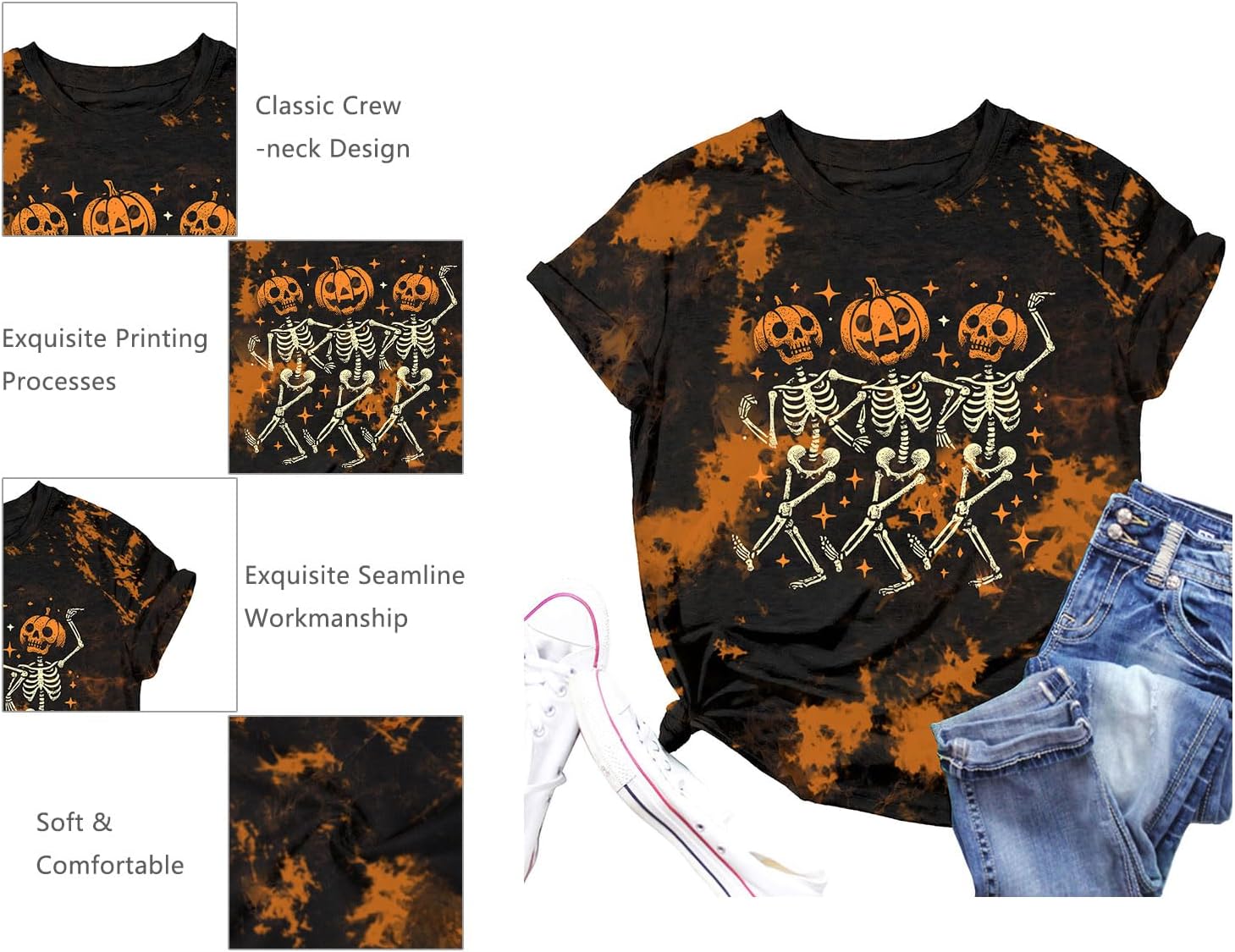 Dancing Skeleton Shirt for Women Happy Halloween T-Shirt Funny Skeleton Graphic Tees Tops Blouse Gift